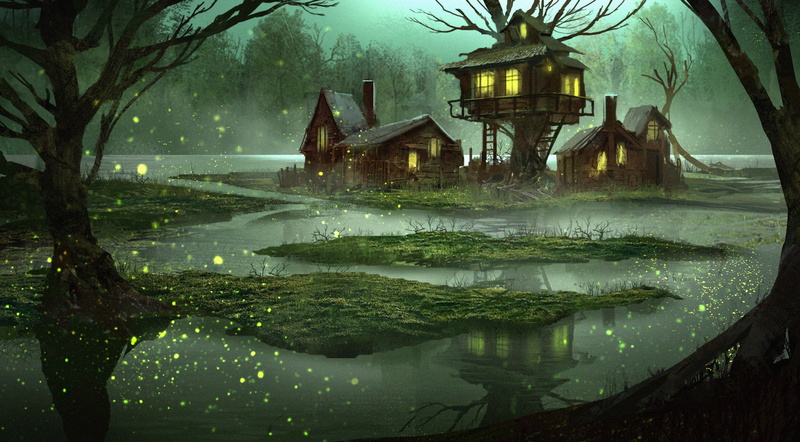 waterfront, art and craft, building Exterior, forest, art, landscape, winter, houses, water, night, architecture, outdoors, the evening, fantasy, season