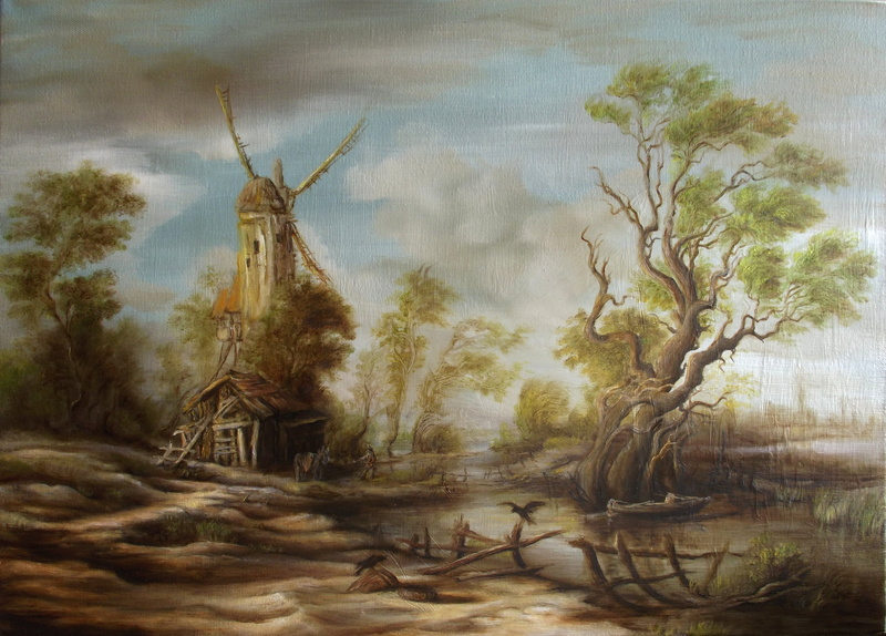 plant, windmill, antique, architecture, tree, people, the past, bare tree, cloud - sky, donkey, history, near, old, painted Image, paintings, lake, retro Styled