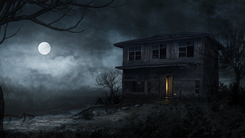 building exterior, architecture, tree, moonlight, night, fog, built structure, cloud - sky, building, full moon, horror, moon, ominous, mystery, fear, dark