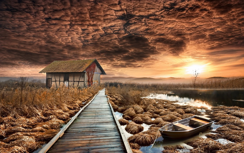 swamp, installation, bridge, boat, sunset, 1080P, house