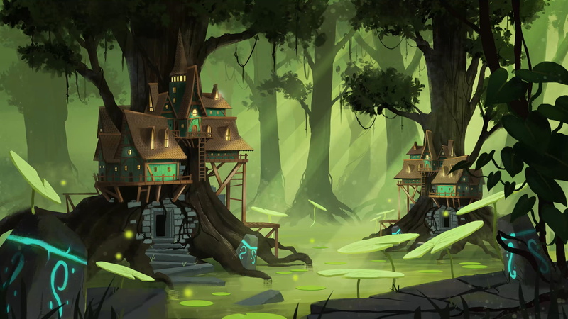 lights, Hugo Barret Castan, 4K, swamp, trees, house, water, roots, lily pads