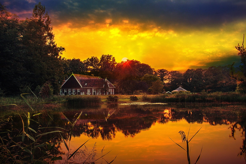 cloud - sky, surrounded, reflection, water, brown, scenics - nature, no people, sun, lake, other white, orange color, sunset, building, outdoors, plant