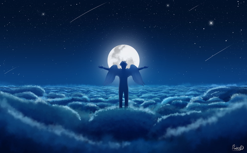 Fantasy, night, angel, 4K, beyond the clouds, stars, moon