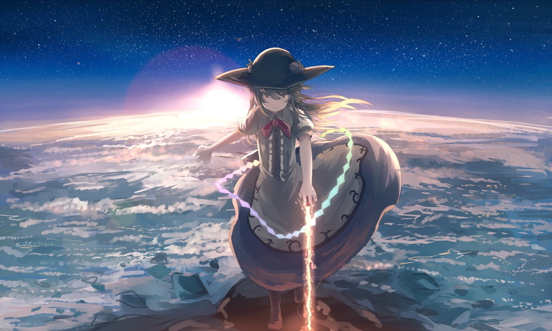 touhou, hinanawi tenshi, nature, scenics - nature, space, digital composite, magic, one person, 1080P, mode of transportation, hat, real people, lifestyles