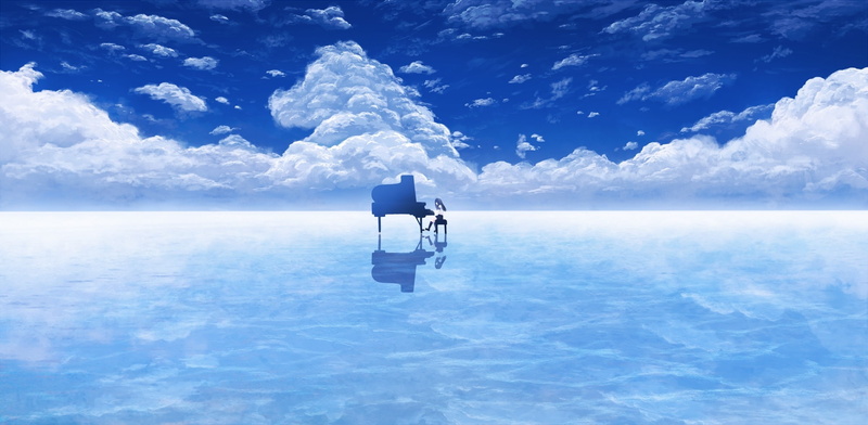 horizon over water, day, one person, nature, rear view, cloud - sky, outdoors, digital composite, anime girl, scenics - nature, beyond the clouds, waterfront