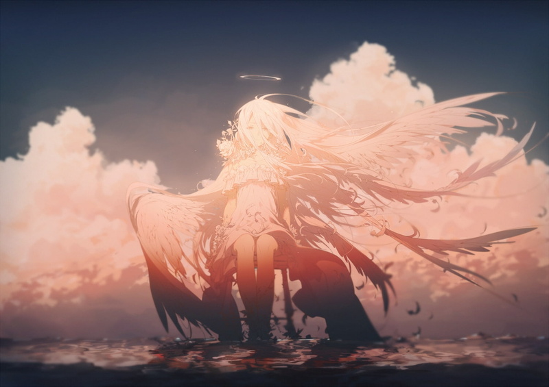 motion, young women, water, angel, nature, sea, young adult, sky, leisure activity, beach, anime girl, wings, beauty in nature, full length, beyond the clouds