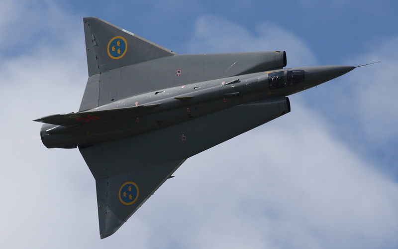 sky, air force, airplane, day, cloud - sky, outdoors, fighter plane, transportation, government, single object, flying, plane, motion, saab 35 draken jet fighter