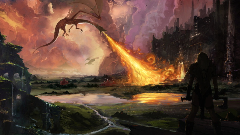 orange color, fantasy art, outdoors, online, beauty in nature, poster, sky, fire, game, artwork, burning, dragon, real people, motion, built structure