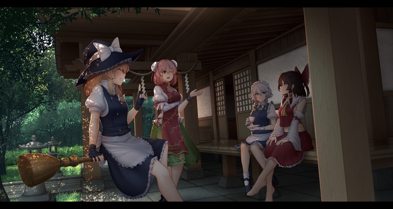 blonde, witch, barefoot, gloves, ibara, wink, konachan, dress, group, eyes, touhou, com, 250817, 720P, long, miko, short, red, maid, apron, hair, hat