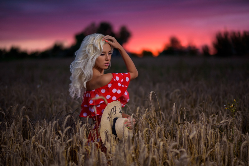 spikelets, Dmitry Medved, field, the evening, hat, dress, Margo, 2K