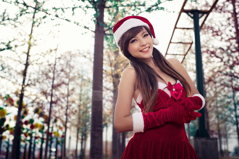 Santa costume, women, Asian, long hair, Agnes Lim, Christmas, 1080P, santa, auburn hair