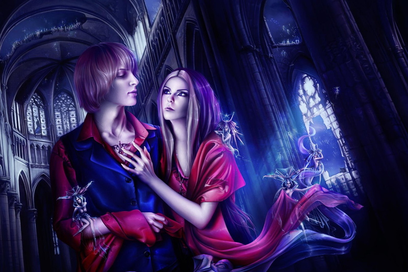 dress, fantasy, woman, button, blue, 1920x1280, couple, love couple, red, man, long, love, 1080P, shirt, poster, hd