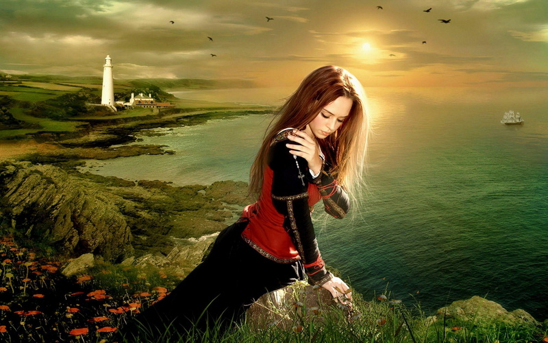 2560x1600, lady, ocean, cliff, black, woman, 2K, digital art, longsleeve, boat, sadness, sad, red, dress, lighthouse