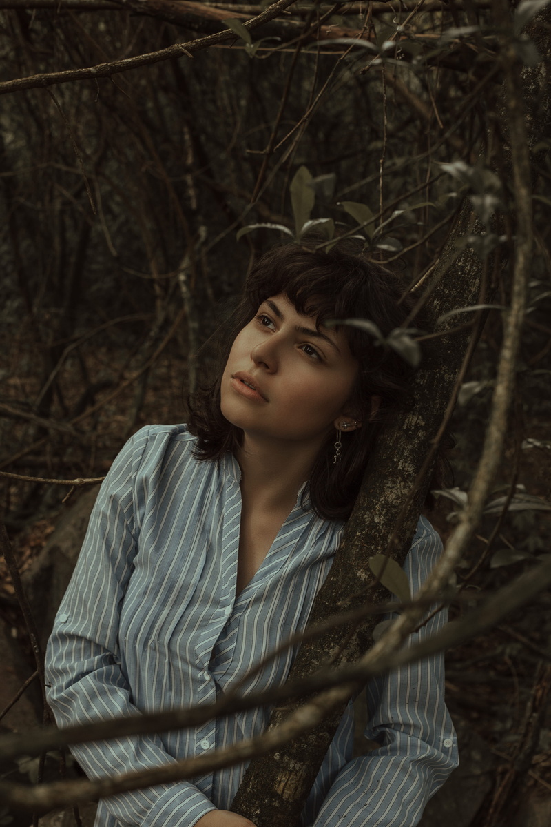 striped, leisure activity, young women, hair, robe, autumn, woman, lifestyles, blue, human, nature, forest, stripe, adult, person, shirt, plant, real people