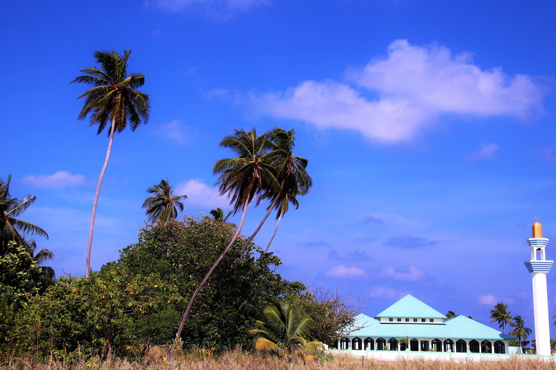 built structure, landscape, exotic, cloud - sky, travel, mosque, holidays, nature, growth, blue, tranquil scene, paradise, mood, beauty in nature, island