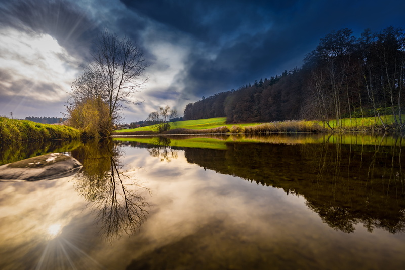 sun, dawn, landscape, plant, nature, forest, pond, tranquility, sunset, no people, quiet, reflection, non-urban scene, scenic, scenery, green color, 5K