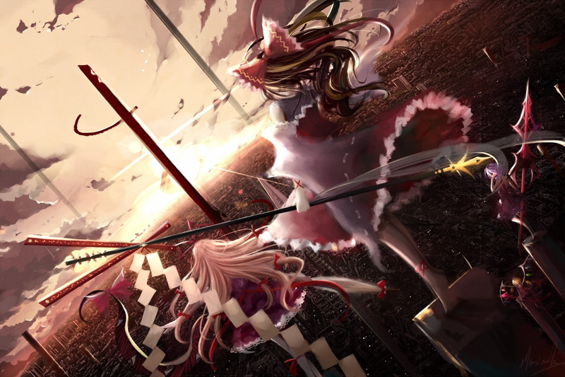 wings, touhou, clouds, nature, ribbons, long, sunset, pu, hd, brunettes, art, weapons, sunsets, hair, landscapes, 720P, wind, cityscapes, blondes