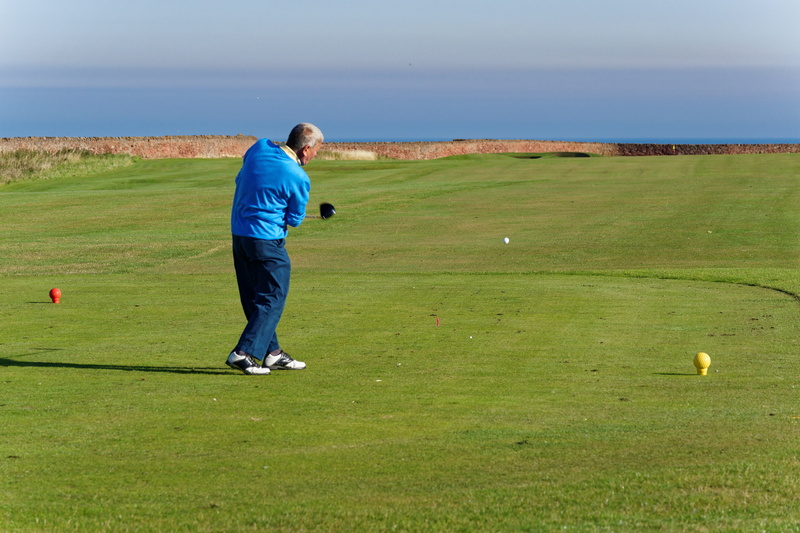 hit, activity, man, playing, sky, golfer, sea, one person, grass, leisure, golf, men, fairway, golf swing, ball, standing, tee, full length, landscape