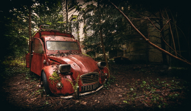 land vehicle, land, run-down, forest, mode of transportation, tree, decline, ruined, car, 2K, nature, stationary, damaged, motor vehicle, rusty, obsolete