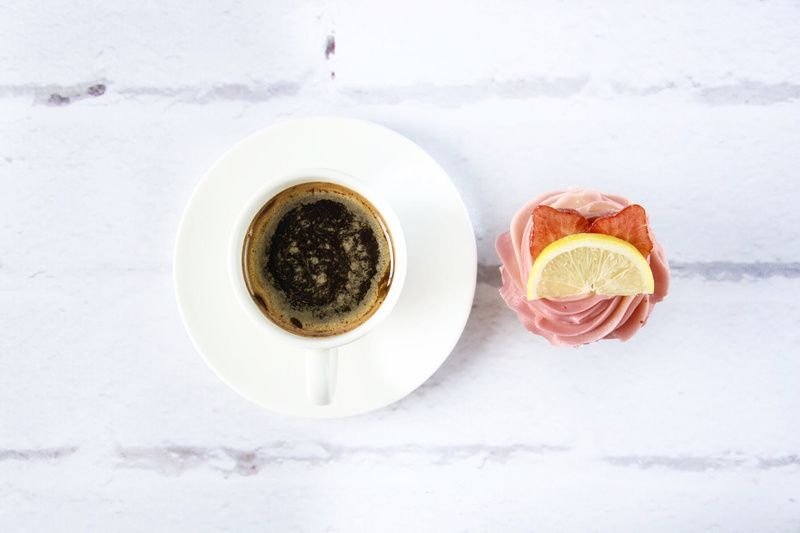dip, pink, morning, refreshment, breakfast, wall, cup, caffeine, white, cupcake, drink, saucer, beside, cake, marble, table, black, topdown, wood - Material