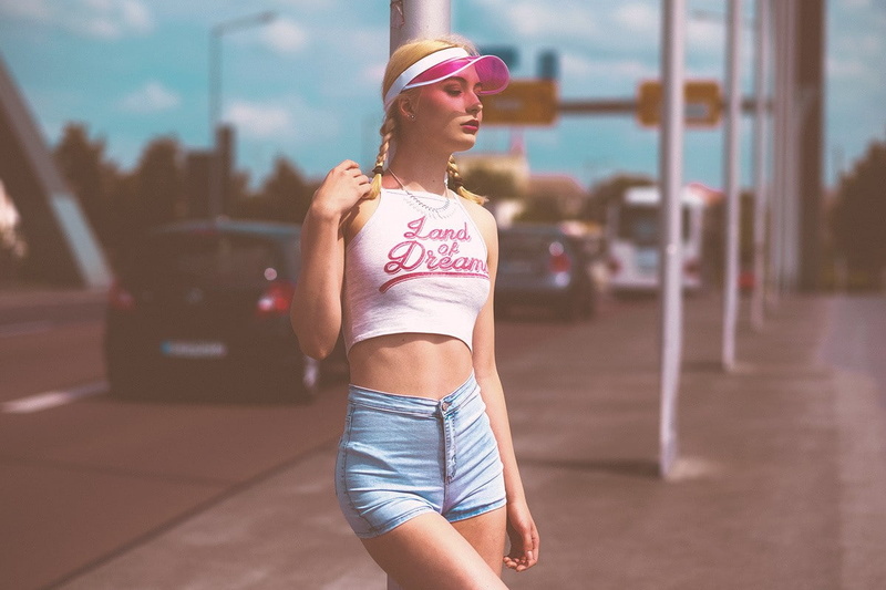 women, 480P, portrait, jean shorts, braids, blonde, skinny, closed eyes
