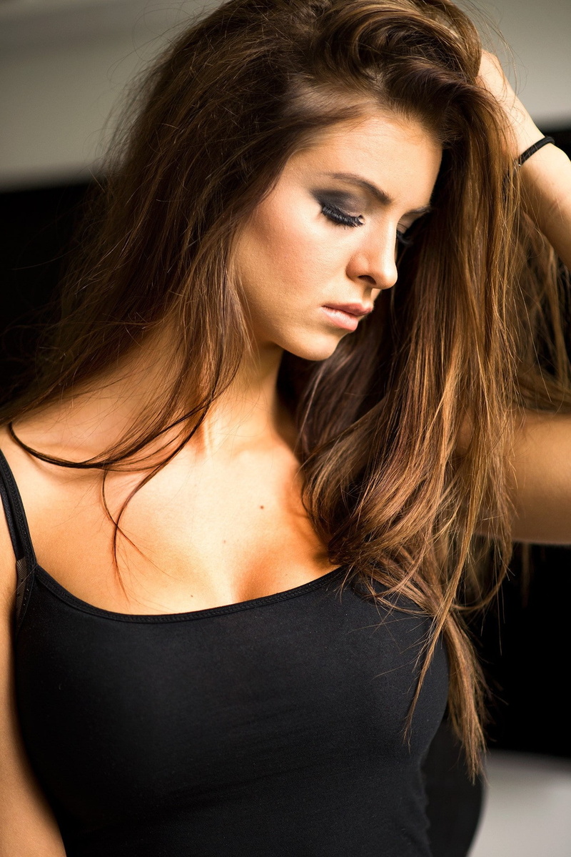 1080P, Closed Eyes, Black Tops, Women Outdoors, Tank Top, model, Bare Shoulders, women, Josefine Forsberg, face, Hands On Head, Portrait Display, brunette