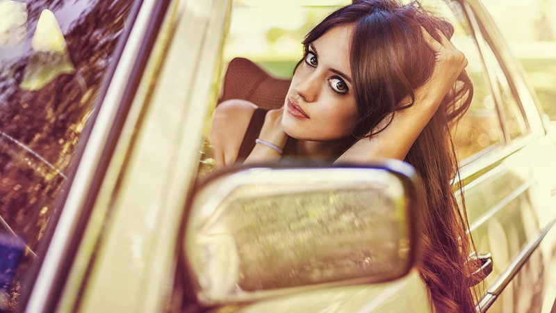 beauty, looking through window, vehicle, car, brown hair, beautiful woman, transportation, mode of transportation, looking at viewer, young adult, adult