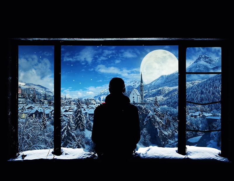 man, silhouette, mountain, 2K, outdoors, indoors, near, looking at view, sitting, lifestyles, moon, time, nature, cold, transparent, waist up, cold temperature