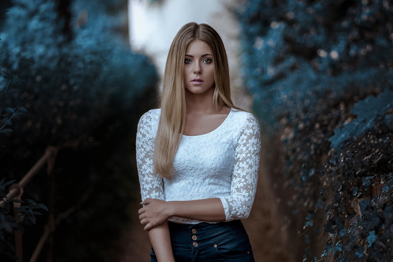 portrait, straight hair, women outdoors, women, blonde, 1080P, white clothing, face, brown eyes, looking at viewer, depth of field, Anatoli Oskin