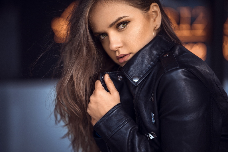 hairstyle, Anatoly Oskin, makeup, portrait, in black, model, bokeh, look, Dajana, beautiful, jacket, kozhanka, Dajana Kllogjri, brown hair, 1080P
