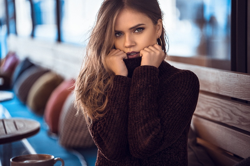 sitting, look, long hair, brown hair, young adult, waist up, young women, Dajana Kllogjri, Anatoly Oskin, cafe, women, beauty, hands, hairstyle, portrait