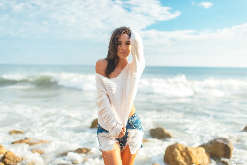 women, beach, Jean Shorts, 720P, Michele Maturo, brunette, Women Outdoors