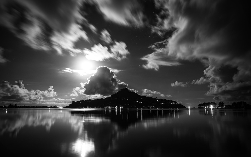 hd, lights, stars, clouds, 2K, moonlight, lake, bw, island, nature