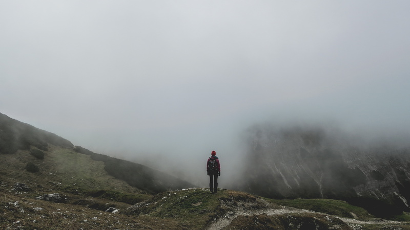 people, landscape, man, one person, hiking, front, rear view, mountain, stand, trek, person, contemplate, hike, mountains, scenics - nature, activity, summit