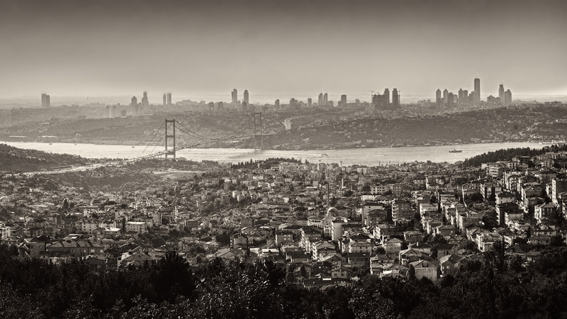 istanbul turkey monochrome cityscape bridge bosphorus, nature, smog, city life, high angle view, cityscape, day, building exterior, residential district