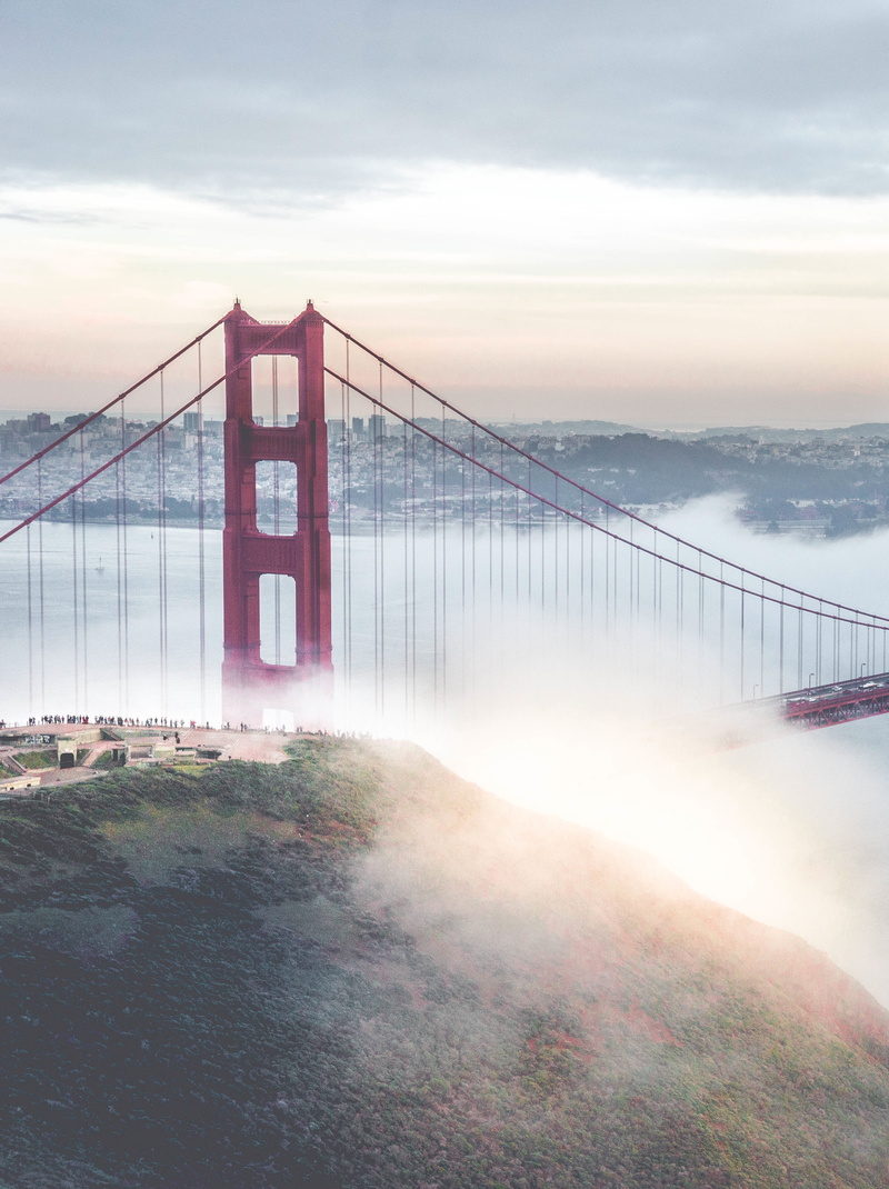 tourist, golden, fog, 4K, engineering, america, sky, transportation, bay of water, bridge - man made structure, structure, suspension bridge, bay, red