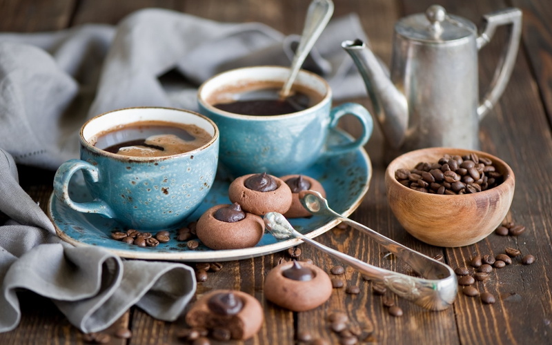 blue, vintage, tongs, cups, teapot, steel, 1080P, coffee, fresh coffee, stainless, two, ceramic