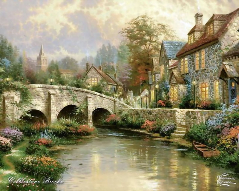 fantasy, art, sunday, painting, bridge, hd, 720P, houseing, stream, quiet, abstract, Garden