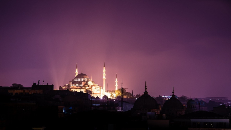 Islam, purple, building exterior, built structure, cityscape, belief, Night, architecture, outdoors, spirituality, nature, tourism, Mosque, sky, illuminated