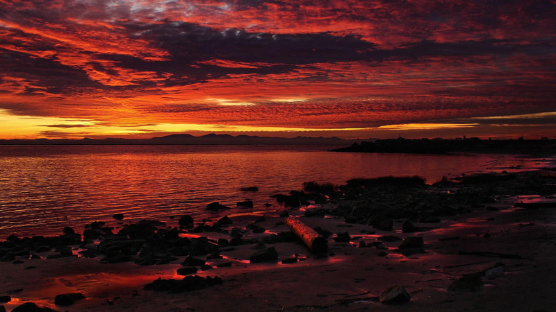 skies, beach, dusk, 3d and abstract, 1080P, red, sunset, ocean, coast