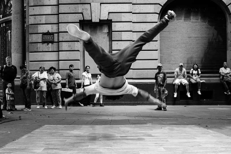 black and white, city life, person, balance, break dancing, 4K, women, mexico, gymnastics, street, full length, strength, exercising, motion, leisure activity