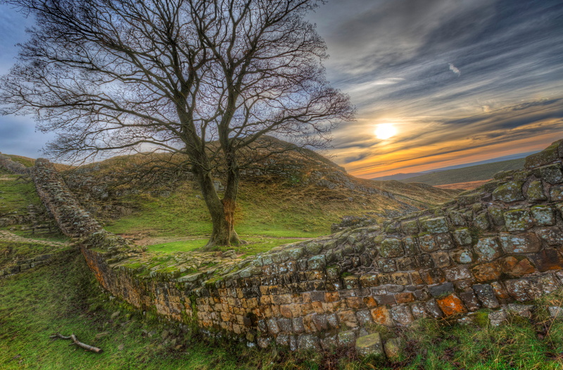Hadrians Wall, the sky, grass, the sun, stones, Hadrians Wall, tree, UK, field, construction, 4K, sunset, wall, hills, HDR
