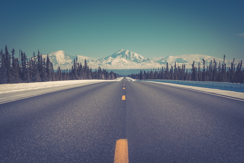 forest, empty, 4K, trees, pine trees, Bryan Goff, winter, asphalt, snow, landscape, USA, Alaska, mountains