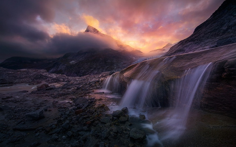 long exposure, outdoors, no people, mountains, storm, fog, Alaska, stream - flowing water, mist, environment, rock - object, flowing water, cloud - sky