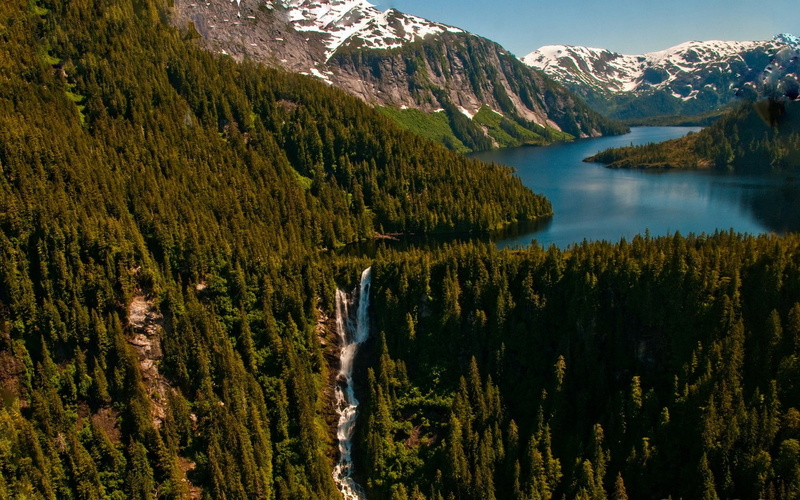 Alaska, waterfall, summer, snowy peak, forest, mountains, trees, 720P, nature, lake, landscape