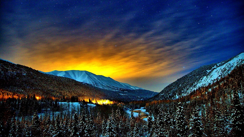 tranquil scene, no people, beauty in nature, cloud - sky, star - space, idyllic, environment, nature, mountain, morning, winter, 1080P, night, tree, phenomenon
