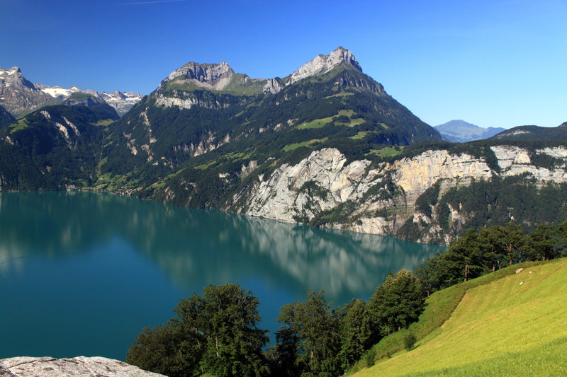 clear sky, plant, Switzerland, water, tree, mountain peak, scenics - nature, idyllic, outdoors, 2K, no people, green color, tranquility, mountain, day