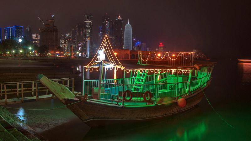 corniche, transportation, river, bay, qatar, dhow, built structure, lighting, tourist attraction, skyscraper, 4K, travel destinations, metropolis, doha