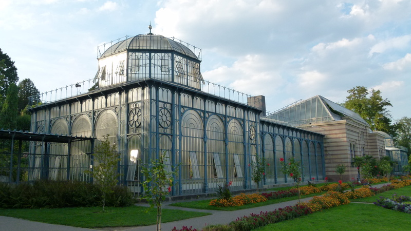 greenhouse, building exterior, travel destinations, tree, architecture, historic, outdoors, grass, wilhelma, dome, tropic, history, glass, plant, palm trees
