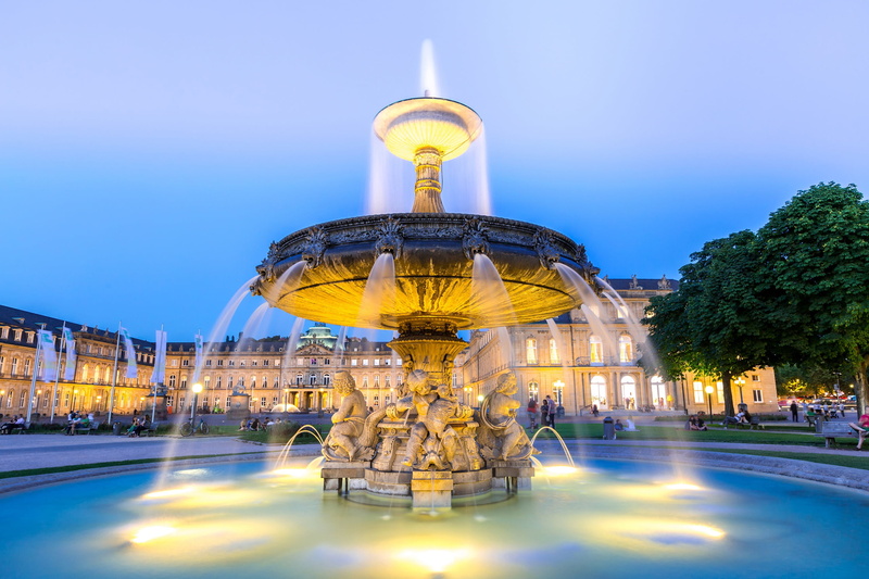 Germany, area, the sky, the evening, Stuttgart city center, 2K, home, trees, fountain, lights, people